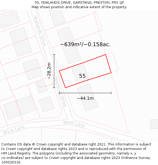 55, YEWLANDS DRIVE, GARSTANG, PRESTON, PR3 1JP: Plot and title map