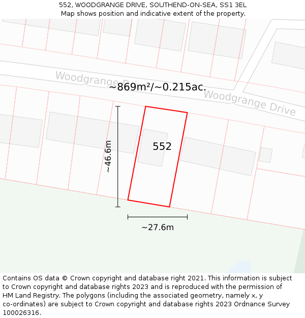 552, WOODGRANGE DRIVE, SOUTHEND-ON-SEA, SS1 3EL: Plot and title map