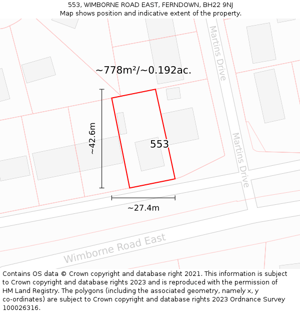 553, WIMBORNE ROAD EAST, FERNDOWN, BH22 9NJ: Plot and title map