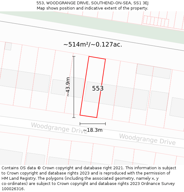 553, WOODGRANGE DRIVE, SOUTHEND-ON-SEA, SS1 3EJ: Plot and title map