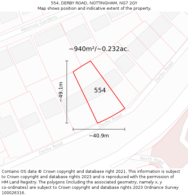 554, DERBY ROAD, NOTTINGHAM, NG7 2GY: Plot and title map