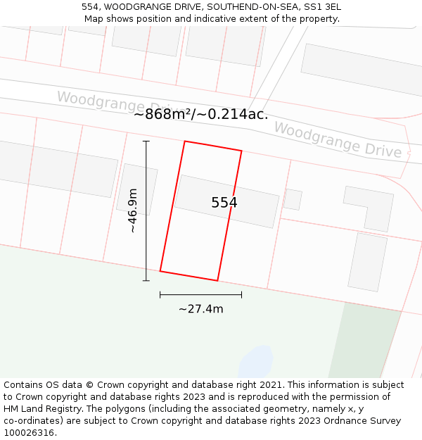 554, WOODGRANGE DRIVE, SOUTHEND-ON-SEA, SS1 3EL: Plot and title map