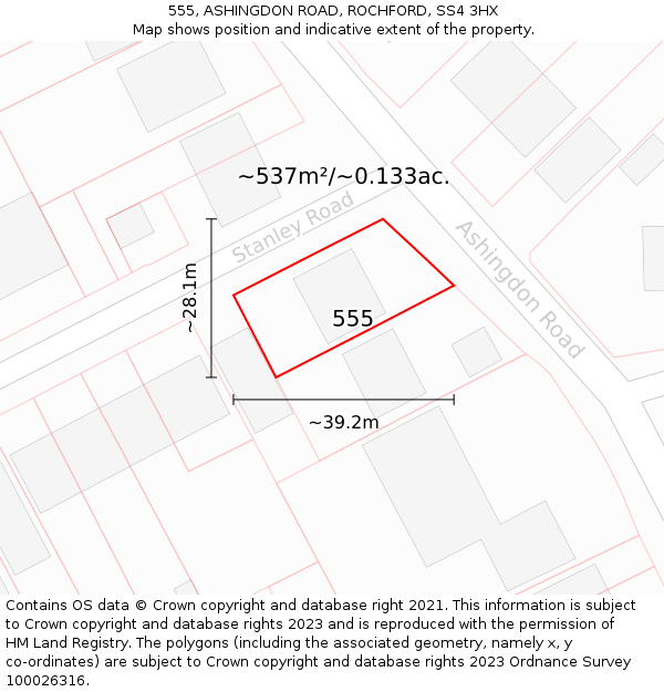555, ASHINGDON ROAD, ROCHFORD, SS4 3HX: Plot and title map