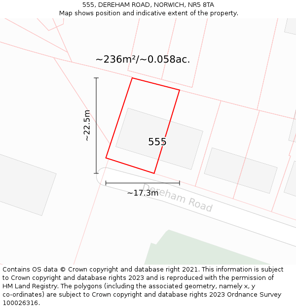 555, DEREHAM ROAD, NORWICH, NR5 8TA: Plot and title map