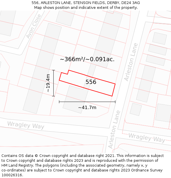 556, ARLESTON LANE, STENSON FIELDS, DERBY, DE24 3AG: Plot and title map