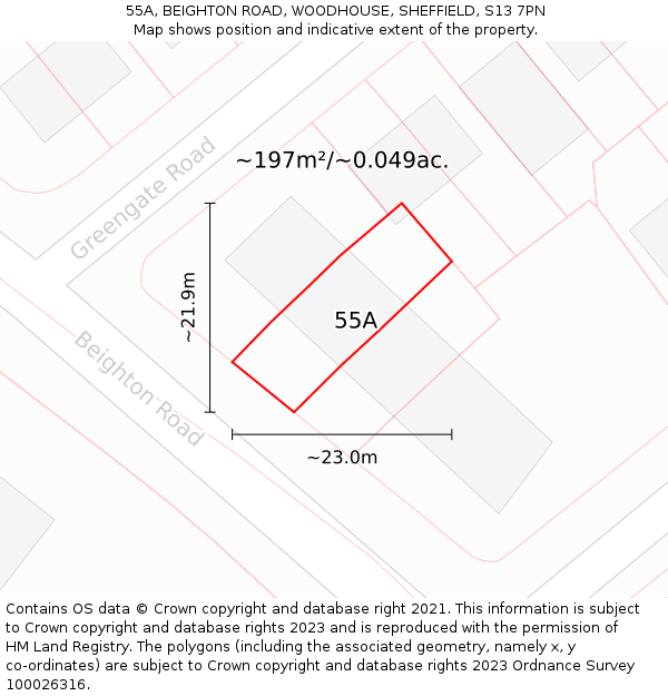 55A, BEIGHTON ROAD, WOODHOUSE, SHEFFIELD, S13 7PN: Plot and title map