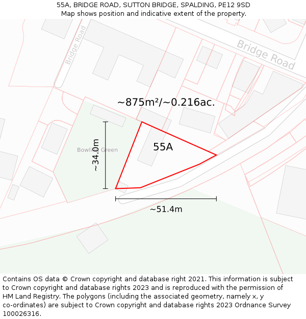 55A, BRIDGE ROAD, SUTTON BRIDGE, SPALDING, PE12 9SD: Plot and title map