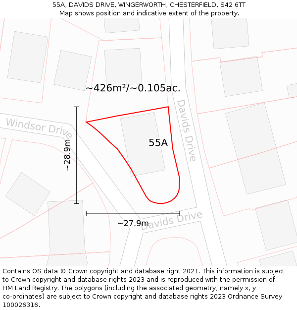 55A, DAVIDS DRIVE, WINGERWORTH, CHESTERFIELD, S42 6TT: Plot and title map