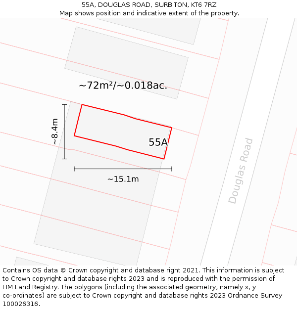 55A, DOUGLAS ROAD, SURBITON, KT6 7RZ: Plot and title map