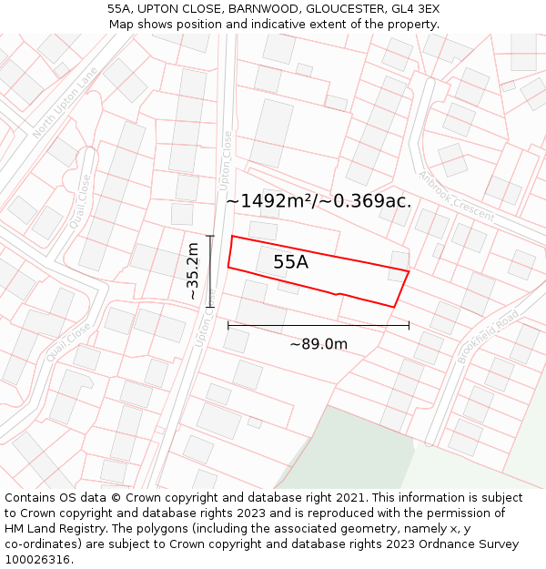 55A, UPTON CLOSE, BARNWOOD, GLOUCESTER, GL4 3EX: Plot and title map