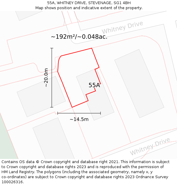 55A, WHITNEY DRIVE, STEVENAGE, SG1 4BH: Plot and title map