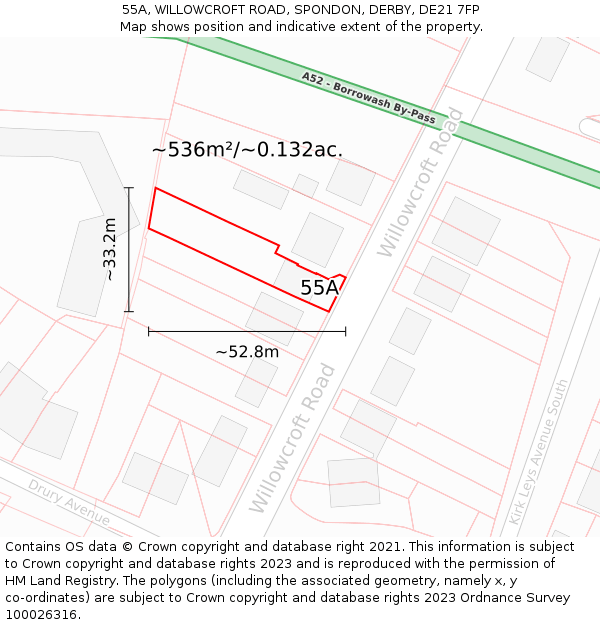 55A, WILLOWCROFT ROAD, SPONDON, DERBY, DE21 7FP: Plot and title map