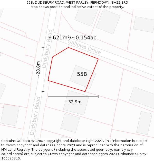 55B, DUDSBURY ROAD, WEST PARLEY, FERNDOWN, BH22 8RD: Plot and title map