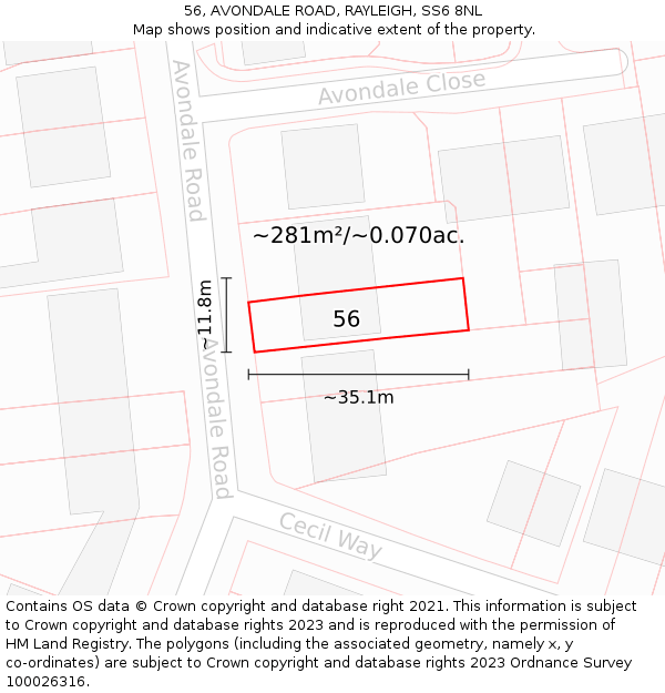 56, AVONDALE ROAD, RAYLEIGH, SS6 8NL: Plot and title map