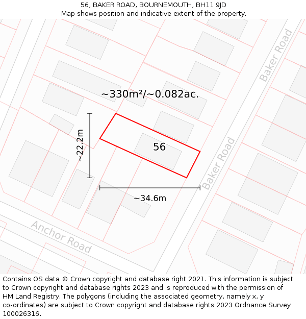 56, BAKER ROAD, BOURNEMOUTH, BH11 9JD: Plot and title map