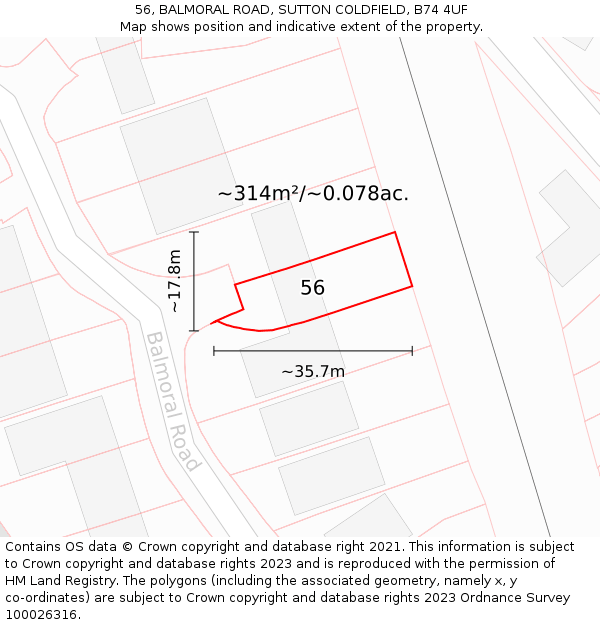 56, BALMORAL ROAD, SUTTON COLDFIELD, B74 4UF: Plot and title map
