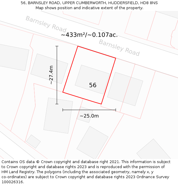 56, BARNSLEY ROAD, UPPER CUMBERWORTH, HUDDERSFIELD, HD8 8NS: Plot and title map