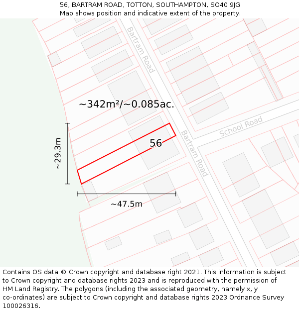 56, BARTRAM ROAD, TOTTON, SOUTHAMPTON, SO40 9JG: Plot and title map