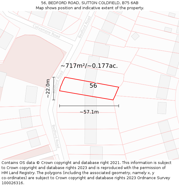 56, BEDFORD ROAD, SUTTON COLDFIELD, B75 6AB: Plot and title map