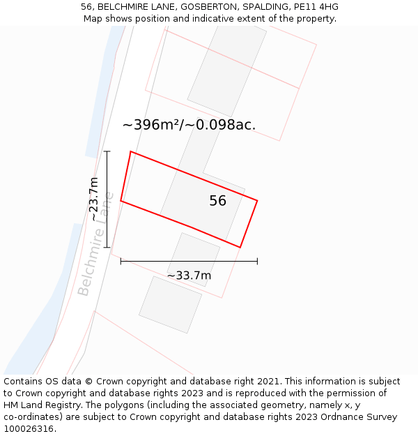 56, BELCHMIRE LANE, GOSBERTON, SPALDING, PE11 4HG: Plot and title map