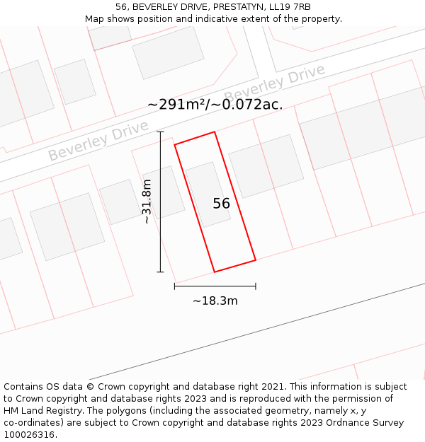 56, BEVERLEY DRIVE, PRESTATYN, LL19 7RB: Plot and title map