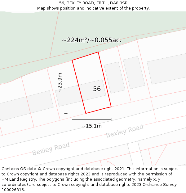 56, BEXLEY ROAD, ERITH, DA8 3SP: Plot and title map