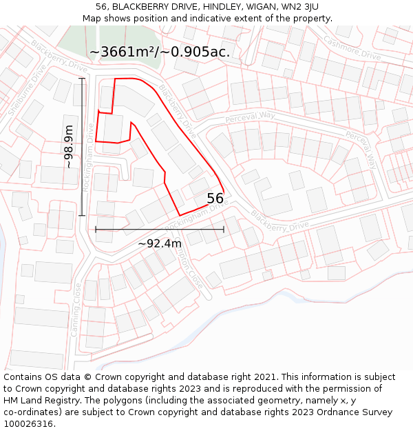 56, BLACKBERRY DRIVE, HINDLEY, WIGAN, WN2 3JU: Plot and title map