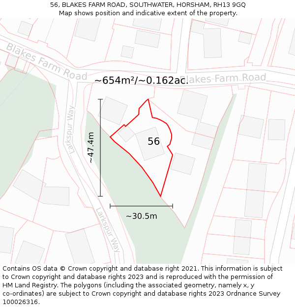 56, BLAKES FARM ROAD, SOUTHWATER, HORSHAM, RH13 9GQ: Plot and title map