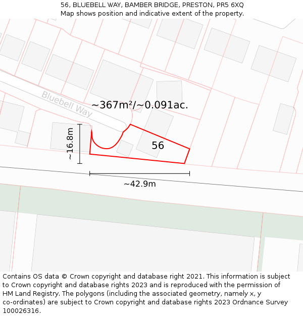 56, BLUEBELL WAY, BAMBER BRIDGE, PRESTON, PR5 6XQ: Plot and title map