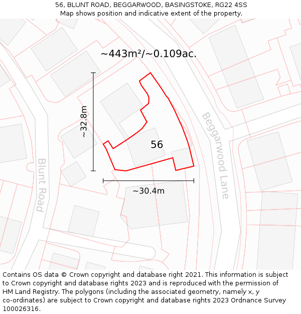 56, BLUNT ROAD, BEGGARWOOD, BASINGSTOKE, RG22 4SS: Plot and title map