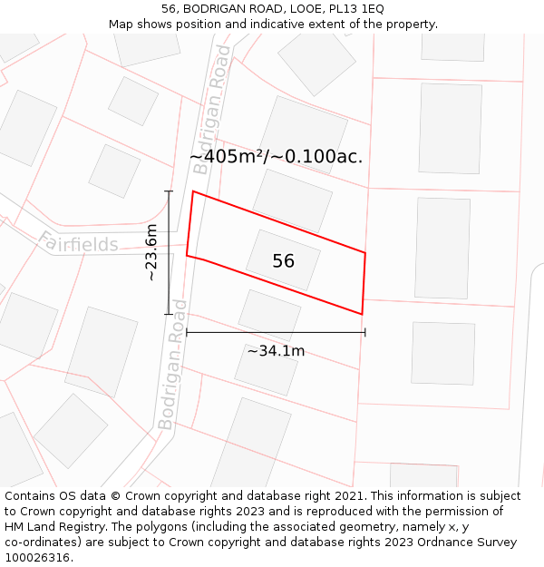 56, BODRIGAN ROAD, LOOE, PL13 1EQ: Plot and title map