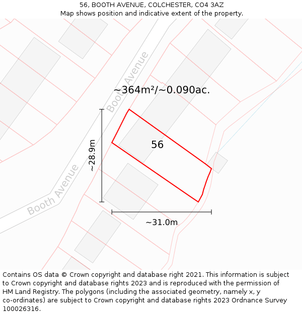 56, BOOTH AVENUE, COLCHESTER, CO4 3AZ: Plot and title map