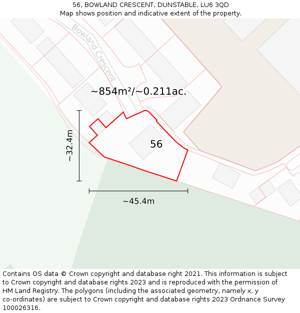 56, BOWLAND CRESCENT, DUNSTABLE, LU6 3QD: Plot and title map