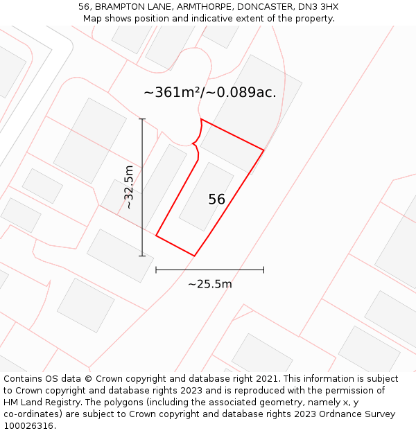 56, BRAMPTON LANE, ARMTHORPE, DONCASTER, DN3 3HX: Plot and title map