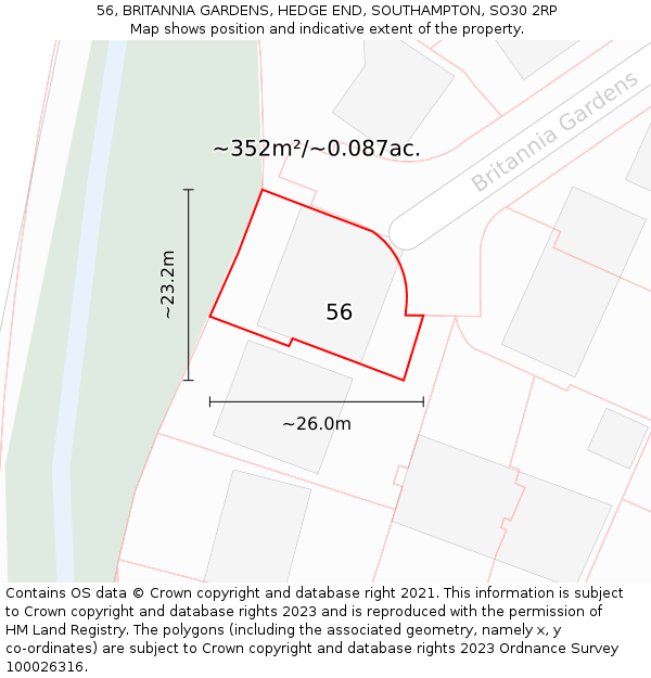 56, BRITANNIA GARDENS, HEDGE END, SOUTHAMPTON, SO30 2RP: Plot and title map