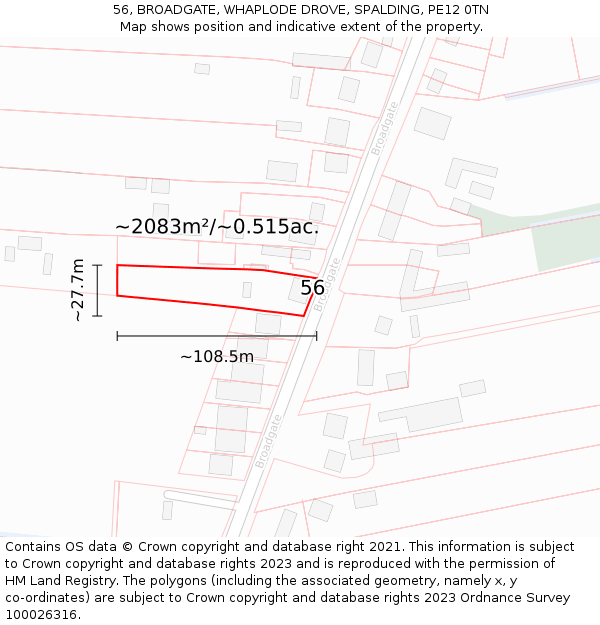 56, BROADGATE, WHAPLODE DROVE, SPALDING, PE12 0TN: Plot and title map