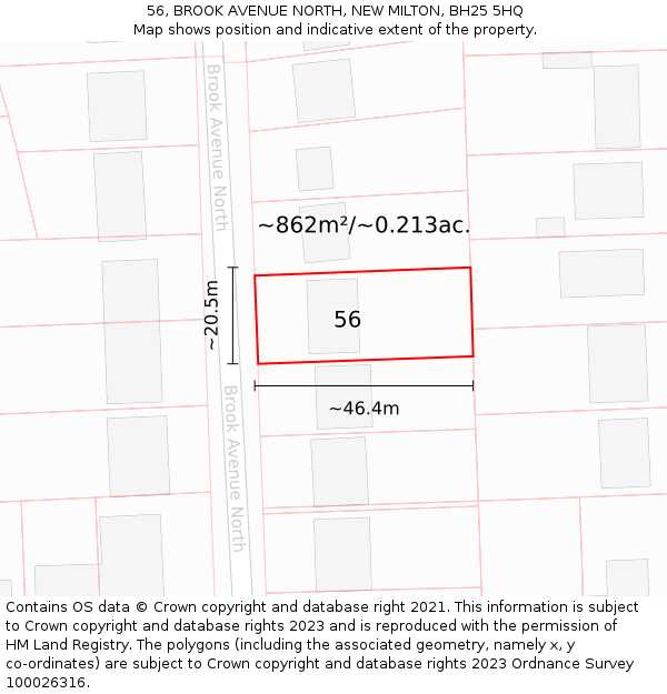 56, BROOK AVENUE NORTH, NEW MILTON, BH25 5HQ: Plot and title map