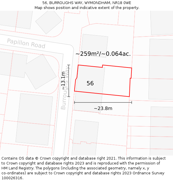 56, BURROUGHS WAY, WYMONDHAM, NR18 0WE: Plot and title map