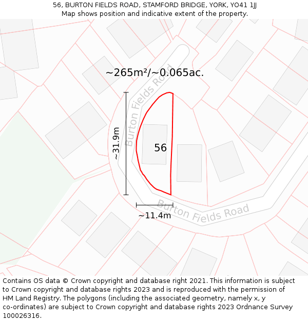 56, BURTON FIELDS ROAD, STAMFORD BRIDGE, YORK, YO41 1JJ: Plot and title map