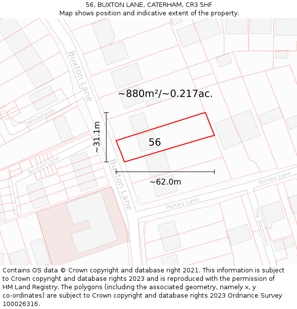 56, BUXTON LANE, CATERHAM, CR3 5HF: Plot and title map