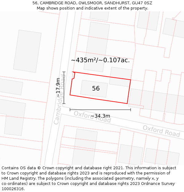 56, CAMBRIDGE ROAD, OWLSMOOR, SANDHURST, GU47 0SZ: Plot and title map