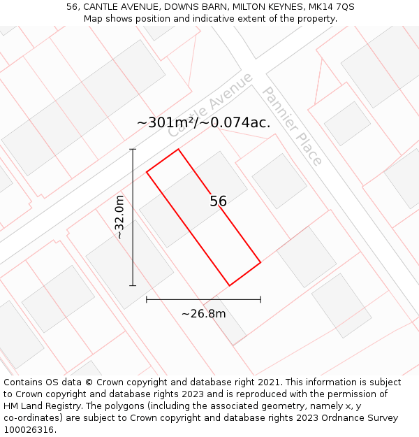 56, CANTLE AVENUE, DOWNS BARN, MILTON KEYNES, MK14 7QS: Plot and title map