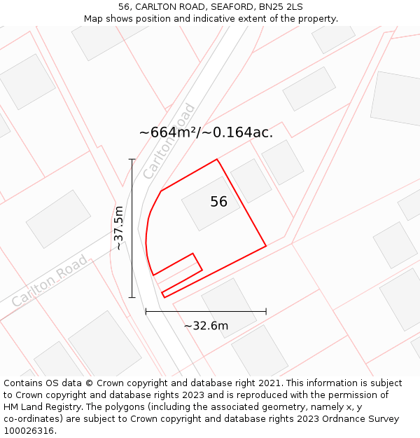 56, CARLTON ROAD, SEAFORD, BN25 2LS: Plot and title map