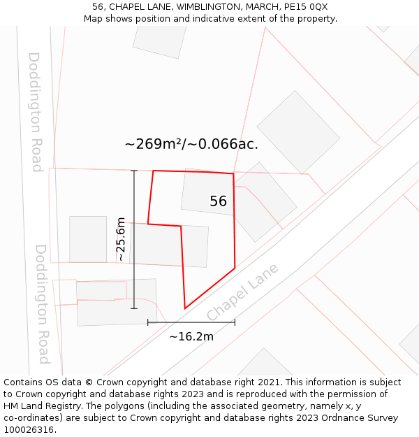 56, CHAPEL LANE, WIMBLINGTON, MARCH, PE15 0QX: Plot and title map