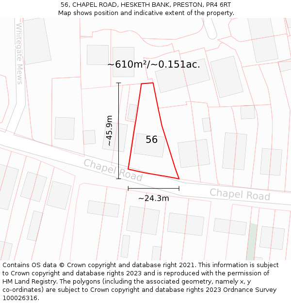 56, CHAPEL ROAD, HESKETH BANK, PRESTON, PR4 6RT: Plot and title map