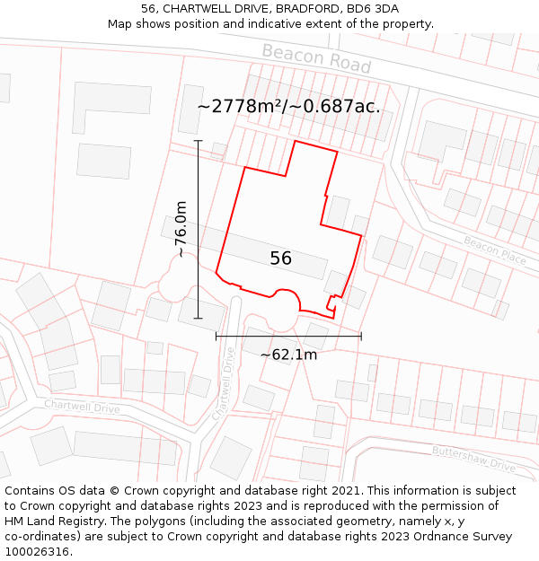 56, CHARTWELL DRIVE, BRADFORD, BD6 3DA: Plot and title map