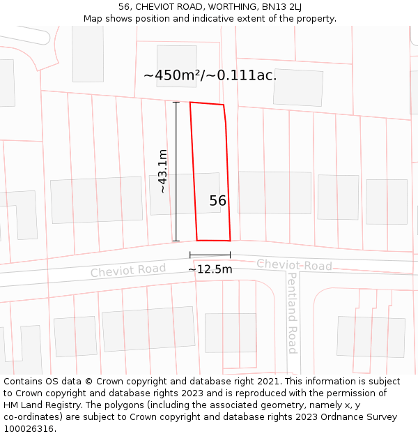 56, CHEVIOT ROAD, WORTHING, BN13 2LJ: Plot and title map