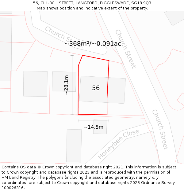 56, CHURCH STREET, LANGFORD, BIGGLESWADE, SG18 9QR: Plot and title map