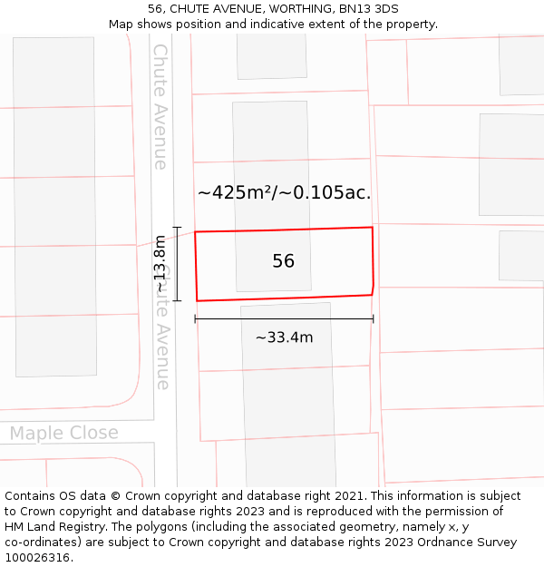 56, CHUTE AVENUE, WORTHING, BN13 3DS: Plot and title map