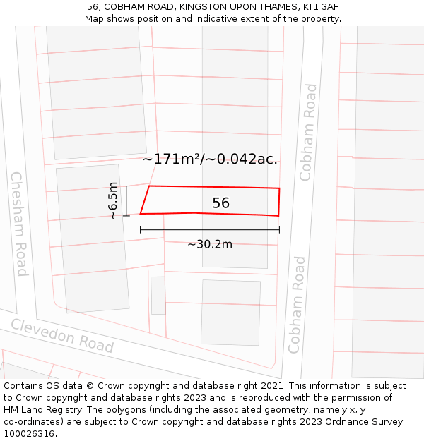 56, COBHAM ROAD, KINGSTON UPON THAMES, KT1 3AF: Plot and title map